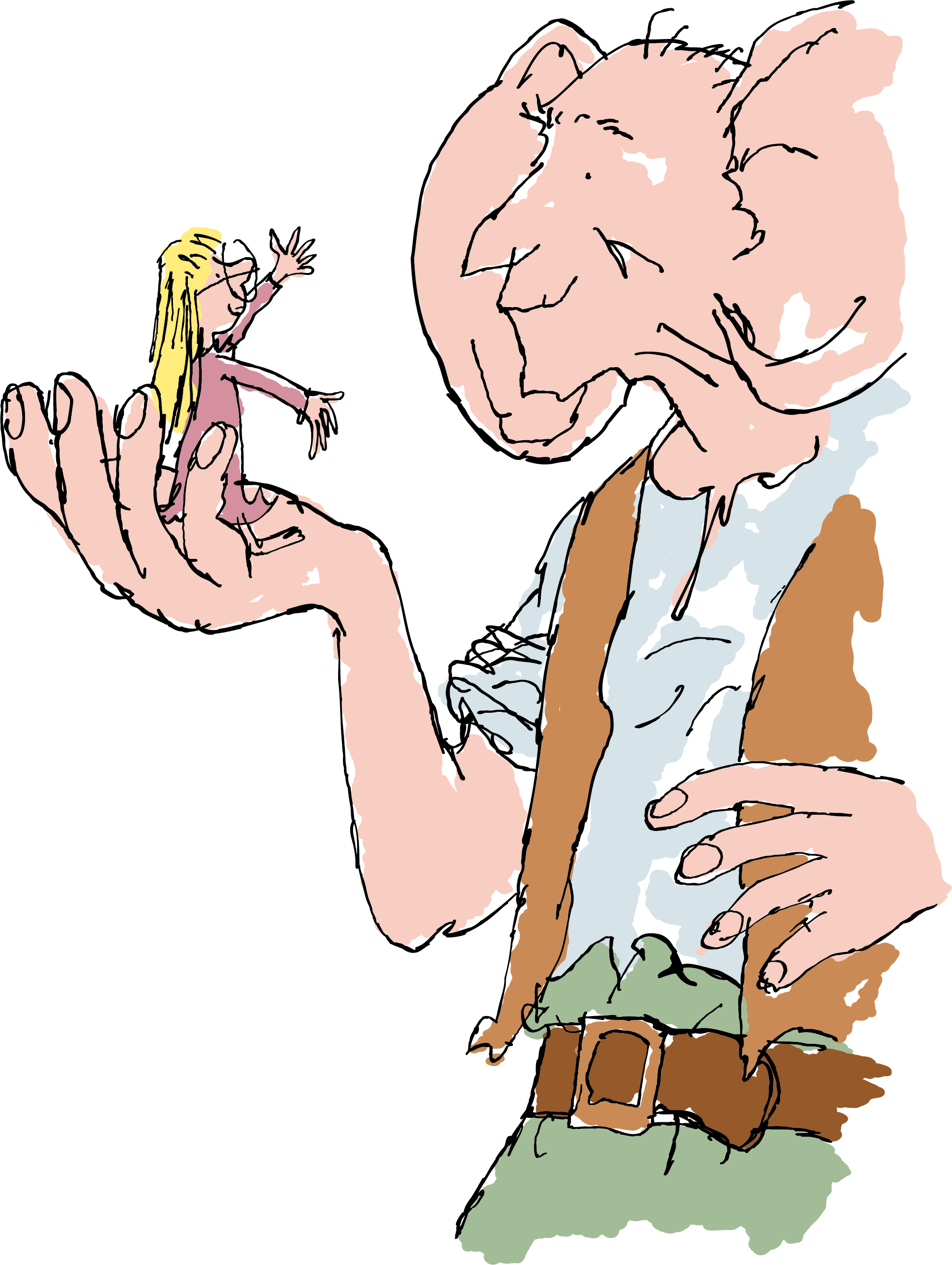 Illustration of the Big Friendly Giant (BFG) with Sophie in his hand