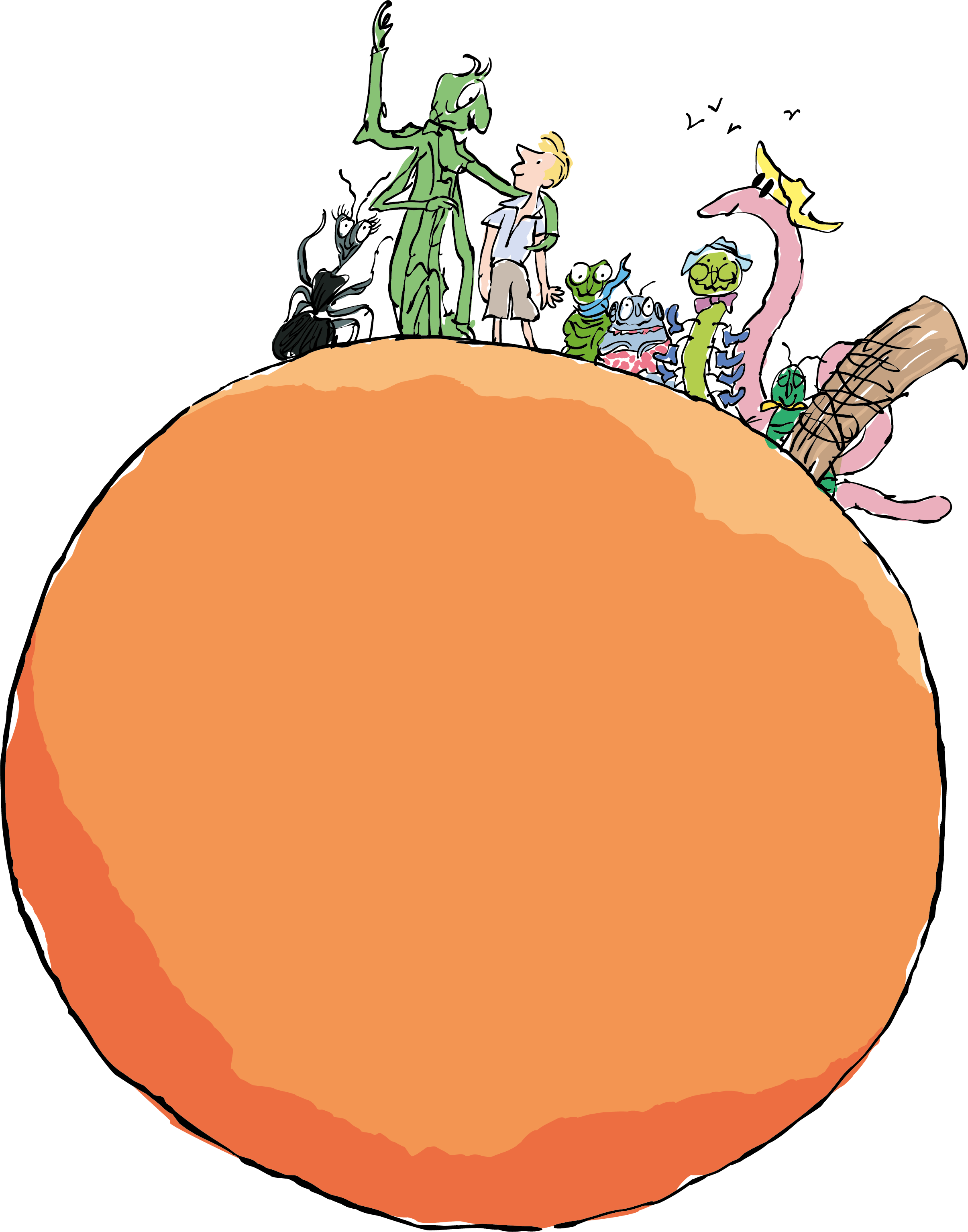 Illustration of James on the Giant Peach with a variety of Bugs