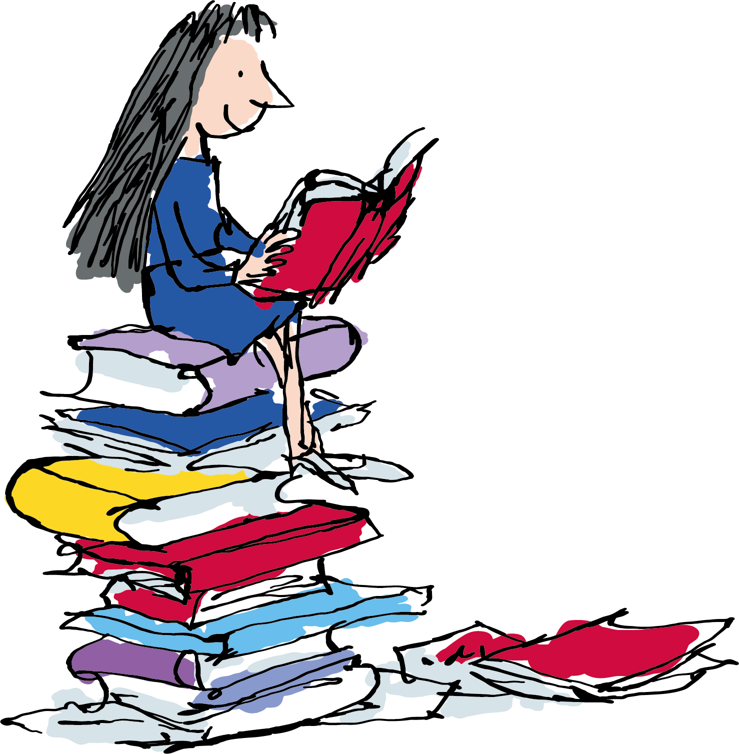 Illustration of Matilda sitting on a pile of books