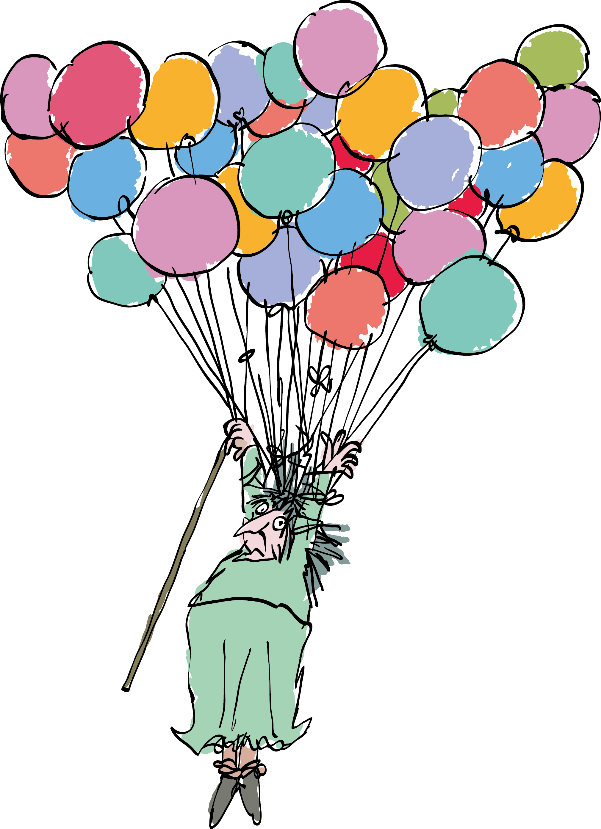 Illustration of Mrs Twit floating with balloons